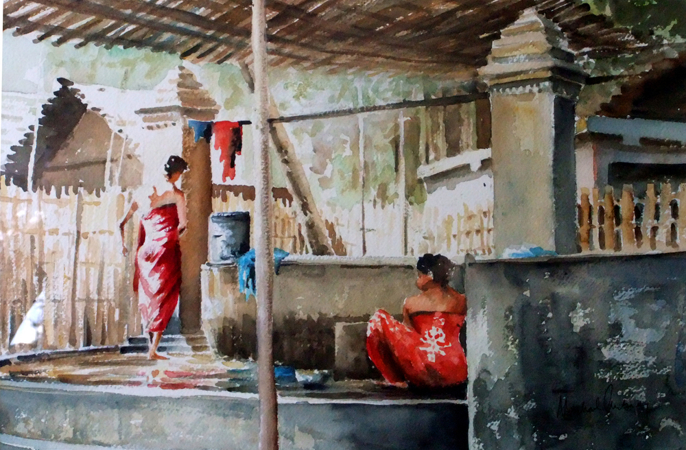 Washing at the well, near Mandalay, Burma