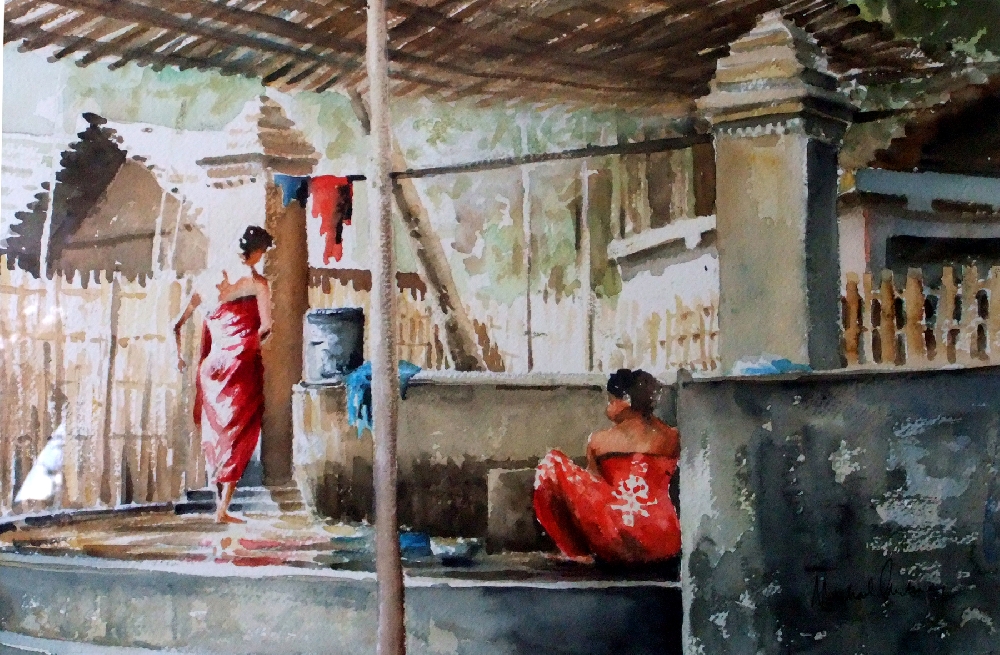 Washing at the well, Mandalay