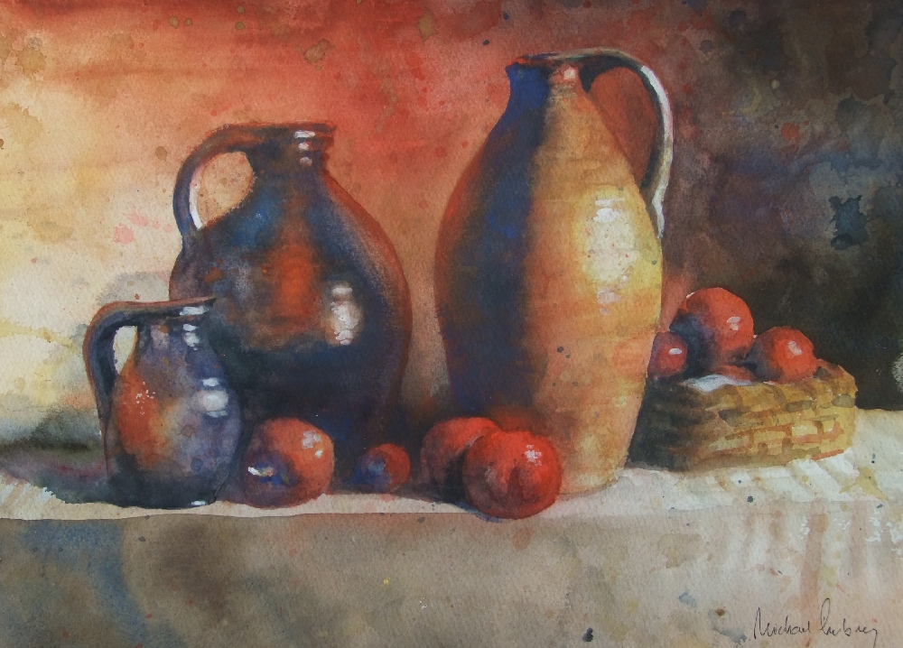 Stone jars and apples